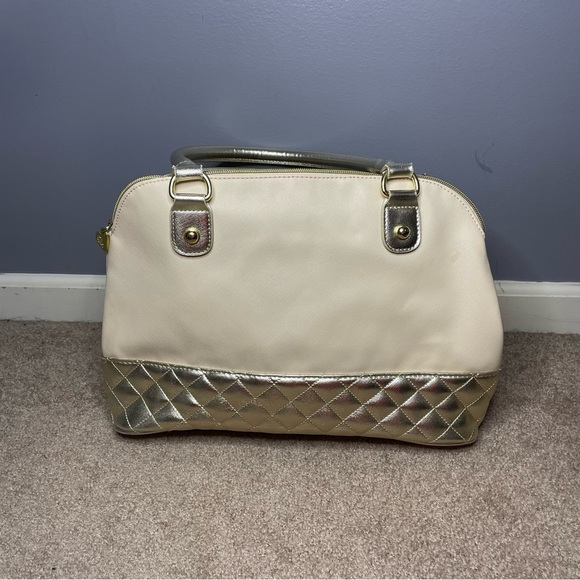 Betsey Johnson NY beige gold quilted shoulder purse cheetah bow - Picture 5 of 15